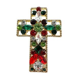 Rhinestone Cross Christmas Brooch Pin Gold Tone